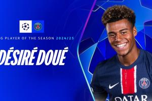 決賽2射1傳！官方：19歲巴黎邊鋒杜埃當(dāng)選歐冠賽季最佳年輕球員